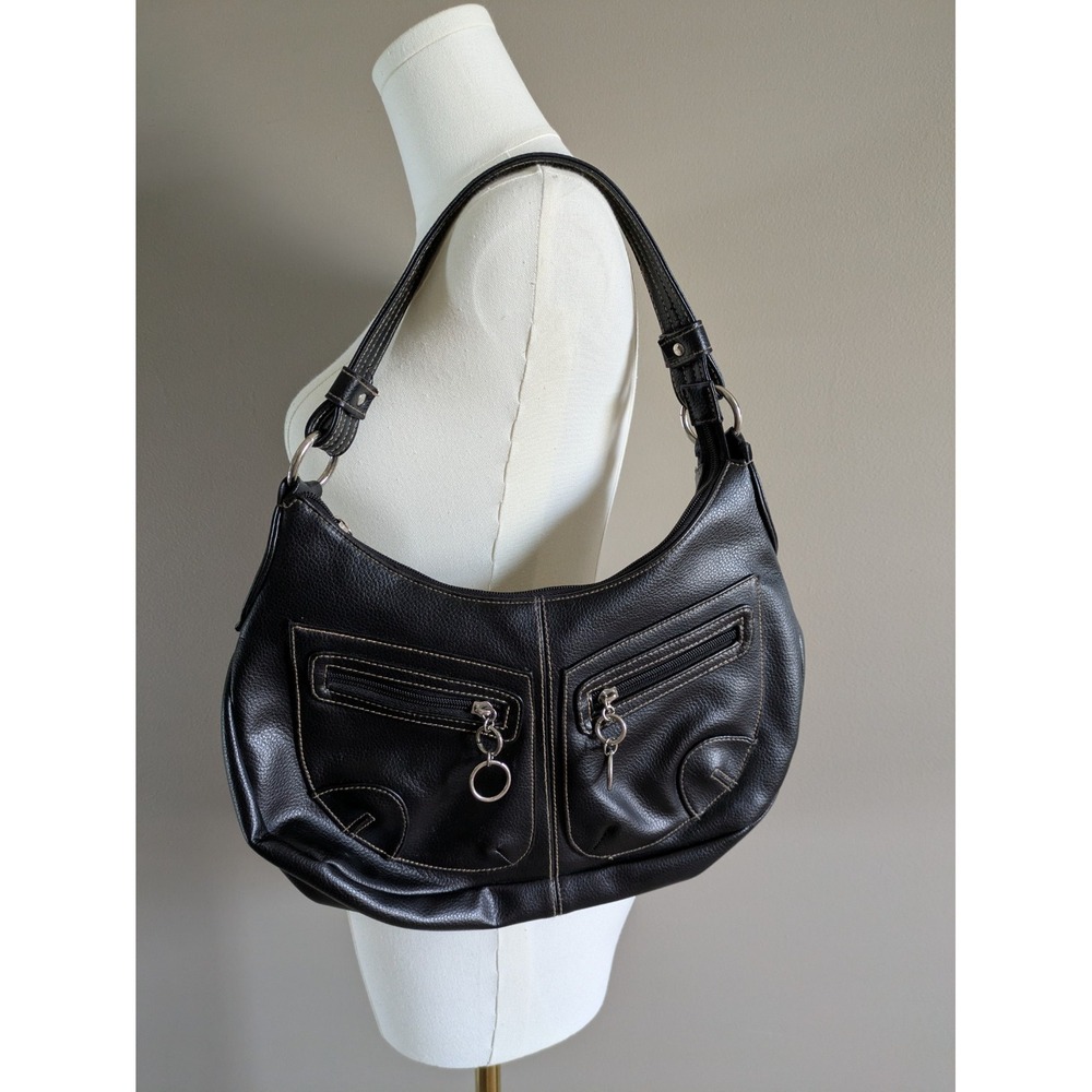 Black Pebbled Faux Leather Slouchy Y2K Pocketed Handbag Shoulder Purse Bag